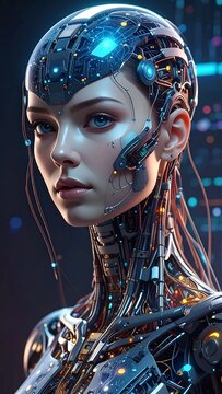 Futuristic Female Android Portrait Glowing in Neon Technology Setting