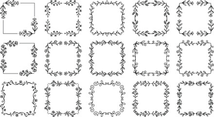 Obraz premium Ornate wedding invitation square divider doodle set black line art blooming foliage framing designOrnate wedding invitation square divider doodle set black line art blooming foliage framing design
