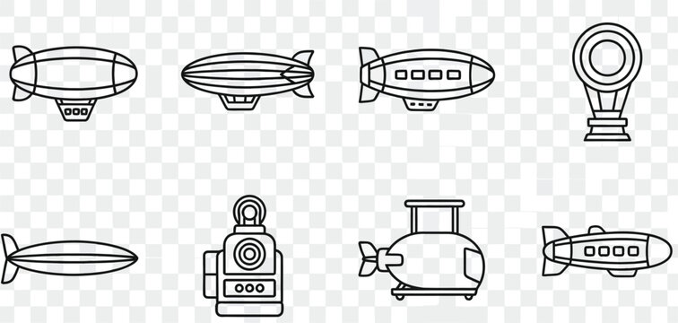 Black and white airship and submarine on transparent background, airships blimps submarines airplanes