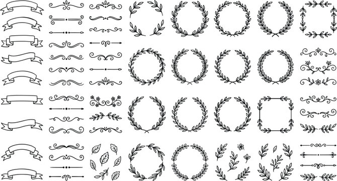 Hand drawn laurel wreath collection with vintage ribbon banners dividers and decorative leaf border elements