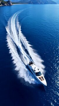 Aerial view of a luxury yacht speeding across deep blue ocean near a scenic coastal landscape.