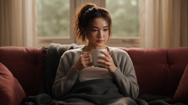 Asian woman in twenties sits on a sofa, wrapped in a blanket with a warm cup, representing comfort, tranquility, reflection, solitude, relaxation, and serenity