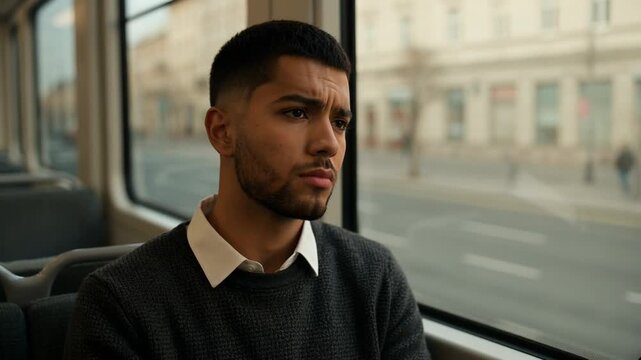 Young Middle Eastern man with a beard looking out the window of a moving tram, representing urban commuting, deep contemplation, solitude, travel and introspection