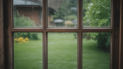 Obraz premium Wooden window with raindrops looking out onto a blurred green garden scene
