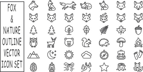 Fox and nature icons, outline vector set, wildlife symbols, black line drawings © Nusrath