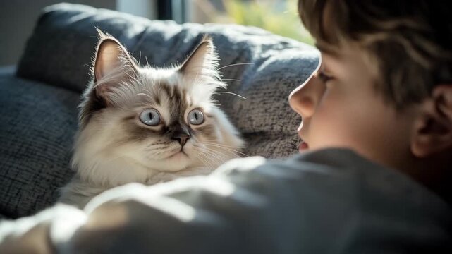 Teenage boy interacts with his adorable ragdoll cat indoors in the afternoon