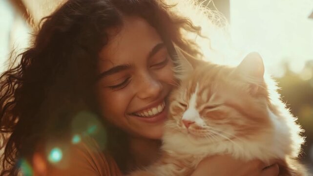 Teen girl in her teens happily holds cat outdoors during sunny afternoon