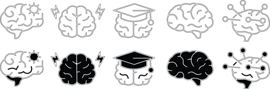 Brain icons with educational and technological themes