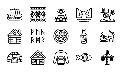 Nordic Icons Set: Viking Ship, Aurora Borealis, Igloo, Sweater, Fish, Runes, Northern Culture © Tahmina