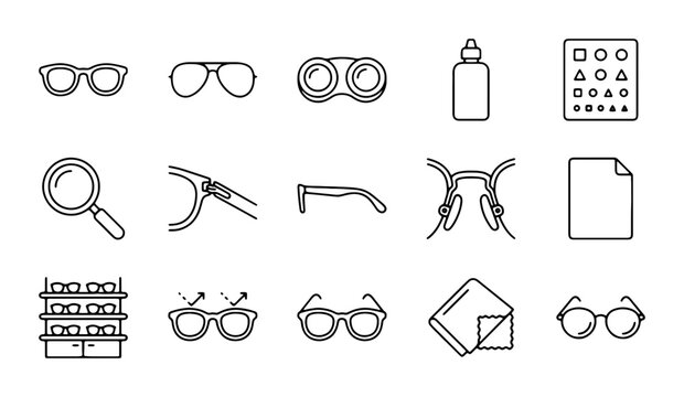 Optometry Icons Set: Eyeglasses, Contact Lenses, Eye Chart, Magnifier, 15 Vector Elements
