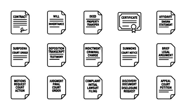 Legal Document Icons Set: Law, Court, Contract, Affidavit, Certificate, Summons, Brief