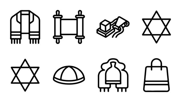 Jewish Symbols Icons, Religious Cultural Icons, Star of David, Torah Scroll, Kippah, Shopping Bag
