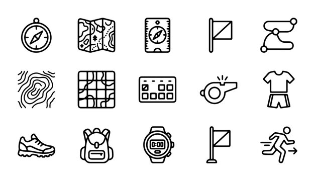 Outdoor Adventure Icons: Navigation, Sports, and Gear Vector Set for Travel and Exploration