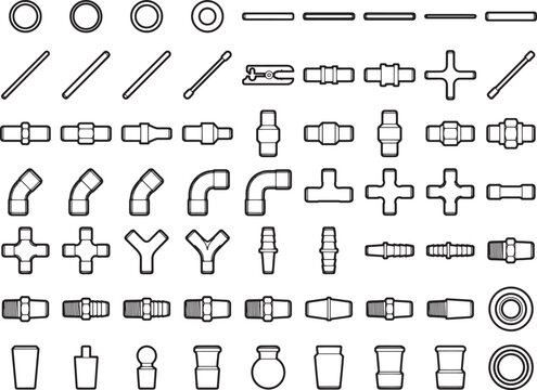 A collection of various plumbing pipe fittings, elbows, tees, crosses, and connectors, presented in a clean, clear line-art illustration.