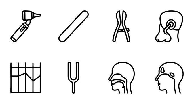 Otolaryngology Medical Icons Set, ENT Doctor Instruments, Audiology Equipment, Health Care Vector Graphics