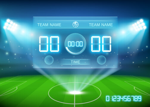 Scoreboard sport mockup at a football soccer stadium. Template with a set of numbers. Vector illustration.