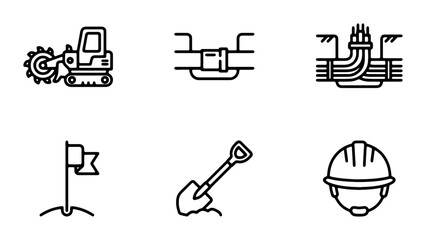 Construction Icons: Trencher, Pipe, Cables, Flag, Shovel, Hard Hat Set © Nargis