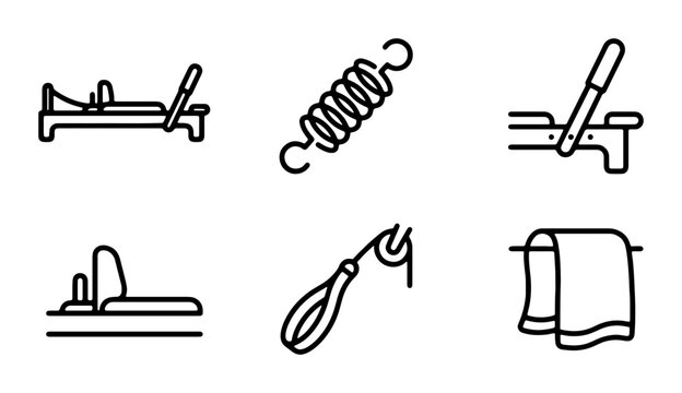 Pilates Reformer Icons, Spring, Towel, Exercise Equipment Vector Set