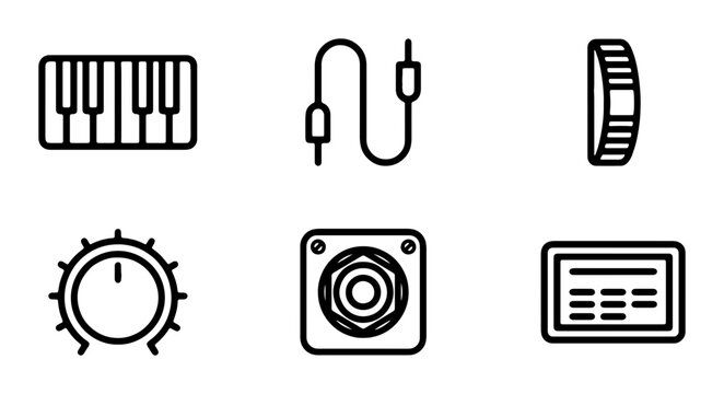 Music Production Icons Set: Keyboard, Cable, Speaker, Knob, Mixer, Tablet Vector Graphics
