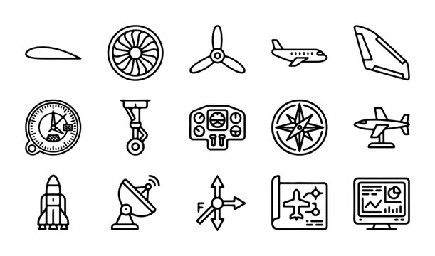 Aviation Icons Set: Aircraft, Jet Engine, Propeller, Cockpit, Navigation, Rocket, Radar, Flight Plan
