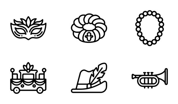 Mardi Gras Icons Set, Festive Carnival Symbols, Celebration Vector Graphics, Party Masquerade Elements