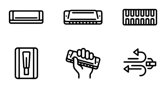 Harmonica Icons Set: Musical Instrument Line Art, Blues Harp, Mouth Organ, Vector Graphics