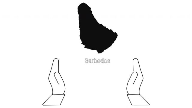 Barbados map outline with hands illustration for travel and tourism concepts.