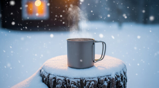 Steaming titanium camping mug resting on a snow-covered tree stump illustrating cozy winter survival and outdoor off-grid lifestyle.