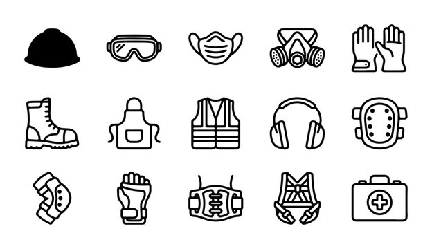 Industrial Safety Gear Icons Set, Protective Equipment Vector Graphics, Personal Protective Equipment Collection
