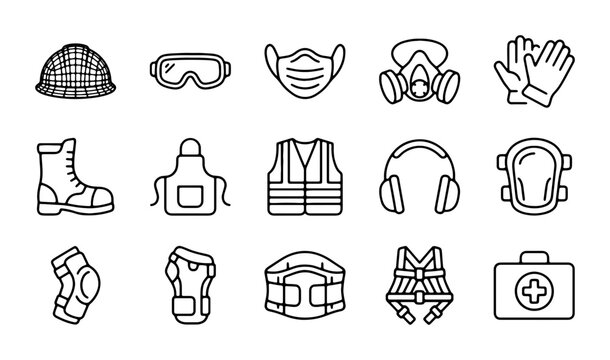 Safety Gear Icons, Personal Protective Equipment Vector Set, Workwear Essentials Collection