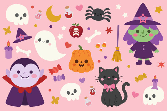 Big Halloween sticker pack set with friendly monsters including green witch purple vampire, white ghost, black cat, pumpkin, skulls and magical potions on pink background