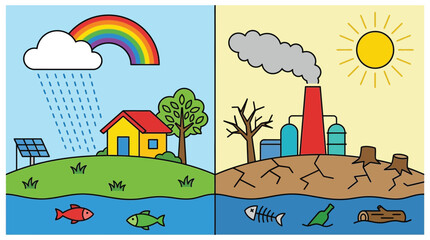 Fototapeta premium Environmental comparison illustration depicting contrasting scenes of nature and industry