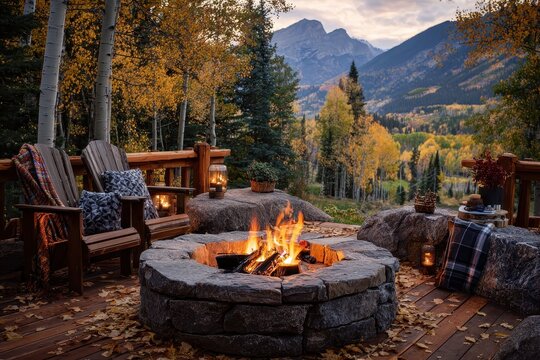Cozy fall mountain patio with glowing firepit at dusk