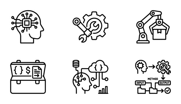 Technology Icons Set: AI Brain, Robotics, Coding, Data Cloud, Workflow, Engineering Tools. Modern Vector Graphics for Digital Innovation and Business Solutions.