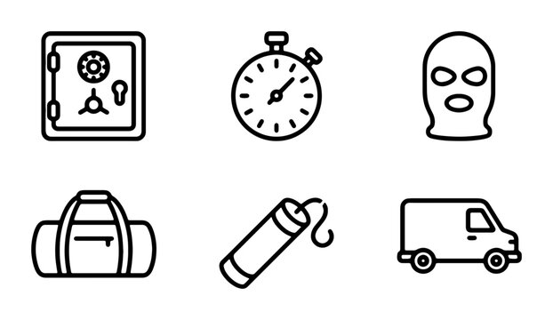Crime Icons Set: Safe, Stopwatch, Mask, Duffel Bag, Dynamite, Van, Vector Graphics