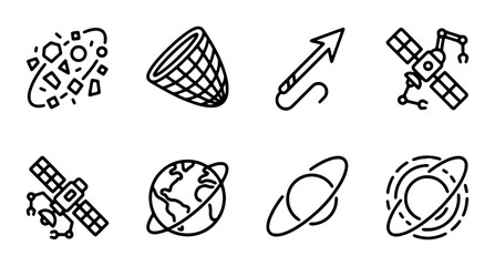 Space Icons Set: Satellites, Planets, Asteroids, Net, Arrow, Orbit, Cosmic Elements © Rafia
