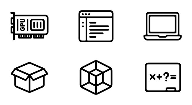 Technology Icons: GPU, Code, Laptop, Box, 3D Cube, Math Blackboard Vector Set