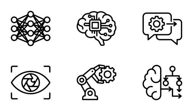 AI and Machine Learning Icons: Neural Network, Brain Chip, Robotics, Vision AI, Automation, Data Flow Vector Set
