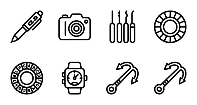 Vector Icons: Pen, Camera, Lock Picks, Casino Chip, Watch, Anchors, Security & Travel Elements
