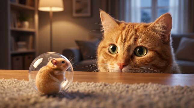 Curious Ginger Cat Watching a Hamster at Night