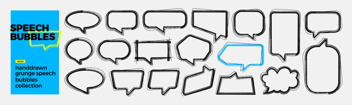 Collection of hand-drawn, blank speech and thought bubbles with various shapes and outline styles, presented on a textured background. Graphic elements for dialogue, communication.
