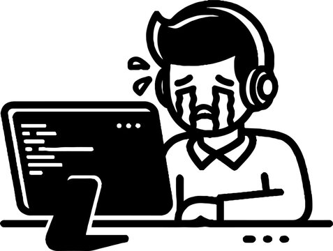 Frustrated person crying at computer with headphones on.