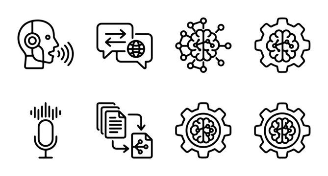 Artificial Intelligence Icons Set, Machine Learning & NLP Vector Graphics, AI Technology Symbols for Digital Concepts, Data Processing & Voice Recognition