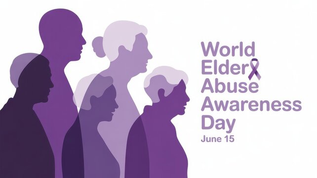 World Elder Abuse Awareness Day with elderly silhouette and purple ribbon isolated on white background