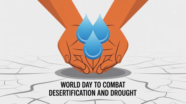 World Day to Combat Desertification and Drought with cupped hand holding water drop over parched earth