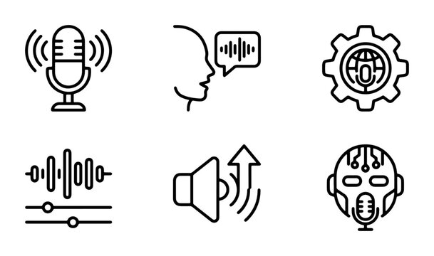 Voice Recognition Technology Icons, AI Assistant Symbols, Audio Waveform Graphics, Microphone & Speaker Set, Digital Sound Interface Elements