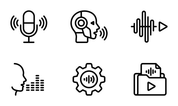 Voice Recognition Icons, Audio Waveform Symbols, Microphone & Sound Settings Graphics, AI Voice Technology Set, Digital Audio Interface Elements