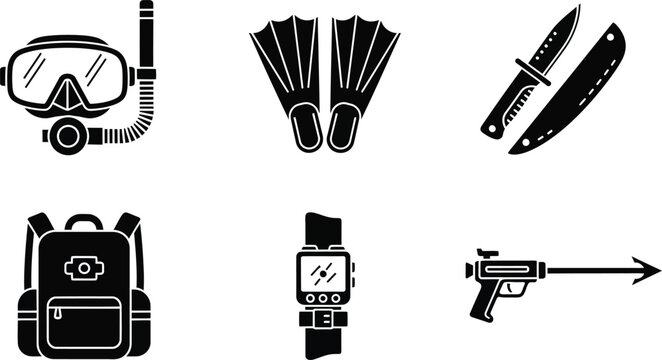 Black and white diving gear and tools, including snorkeling mask, flippers, knife, backpack, smartwatch, and guns