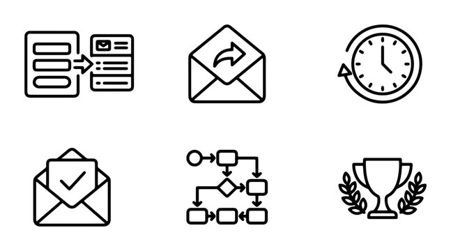 Process Flowchart Icons, Email Communication Symbols, Time Management Clock, Workflow Diagram, Success Trophy Vector Set, Business Strategy Graphics