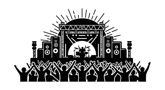 Concert crowd cheering at outdoor music festival stage with band silhouette